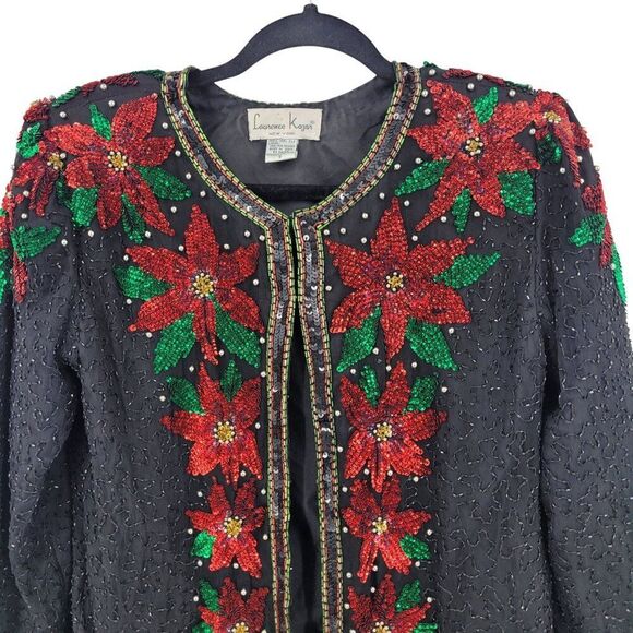 Vtg 80s Black Silk Red Poinsettia Beaded Jacket Cardigan Sz S Christmas Holiday - Picture 4 of 10